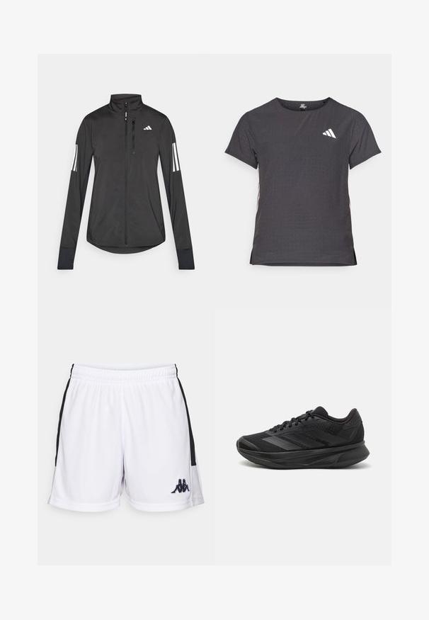 Black athletic jacket made of lightweight material. Features a front zipper, high collar, and three white stripes on each sleeve.; Short-sleeve athletic t-shirt, dark gray with perforated texture. Features a white logo and contrasting side stripes. Rounded neckline.; White athletic shorts made of lightweight fabric, featuring black side panels and a small black logo on the lower left front.; Black running shoe with a breathable mesh upper, rounded toe, sleek design, textured accents, and a cushioned sole for comfort.