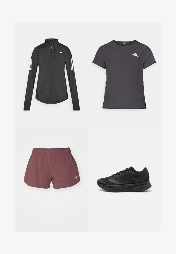 Black athletic jacket made of lightweight material. Features a front zipper, high collar, and three white stripes on each sleeve.; Short-sleeve athletic t-shirt, dark gray with perforated texture. Features a white logo and contrasting side stripes. Rounded neckline.; New Balance SHORT - Sports shorts - licorice; Black running shoe with a breathable mesh upper, rounded toe, sleek design, textured accents, and a cushioned sole for comfort.