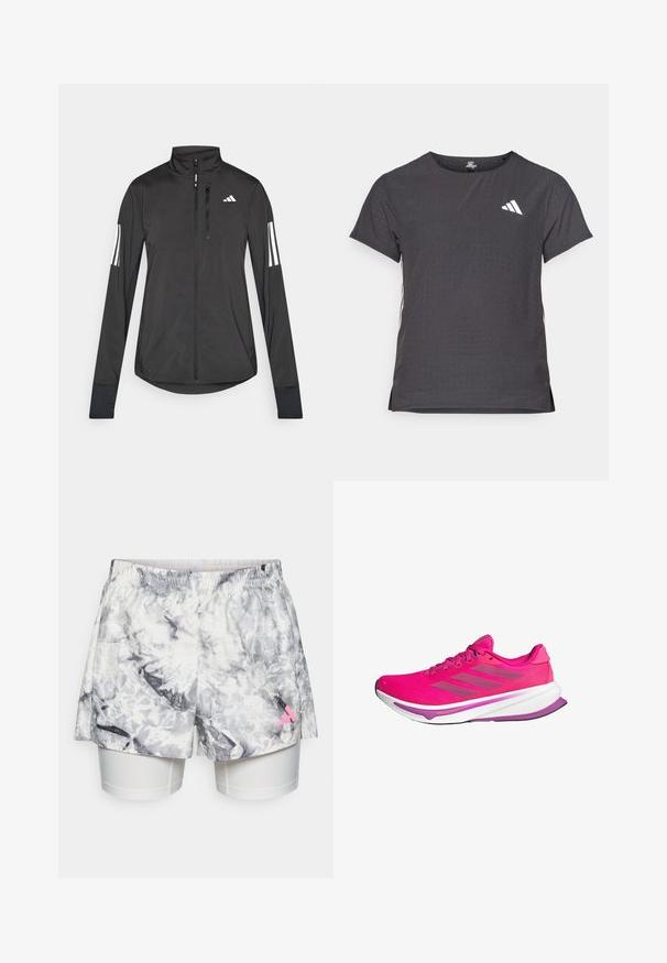 Čierna športová bunda vyrobená z ľahkého materiálu. Má zips vpredu, vysoký golier a tri biele pruhy na každom rukáve.; Tričko s krátkym rukávom pre šport, tmavosivé s perforovanou textúrou. Obsahuje biele logo a kontrastné bočné pruhy. Okrúhly výstrih.; Šortky so šedým a bielym abstraktným vzorom, s elastickým pásom, vnútornou podšívkou a ružovým logom na boku.; Ružové bežecké topánky s priehľadným zvrškom, bielou medzipodrážkou a fialovými akcentmi. Tri šedé pruhy po boku a zakrivený dizajn podrážky.