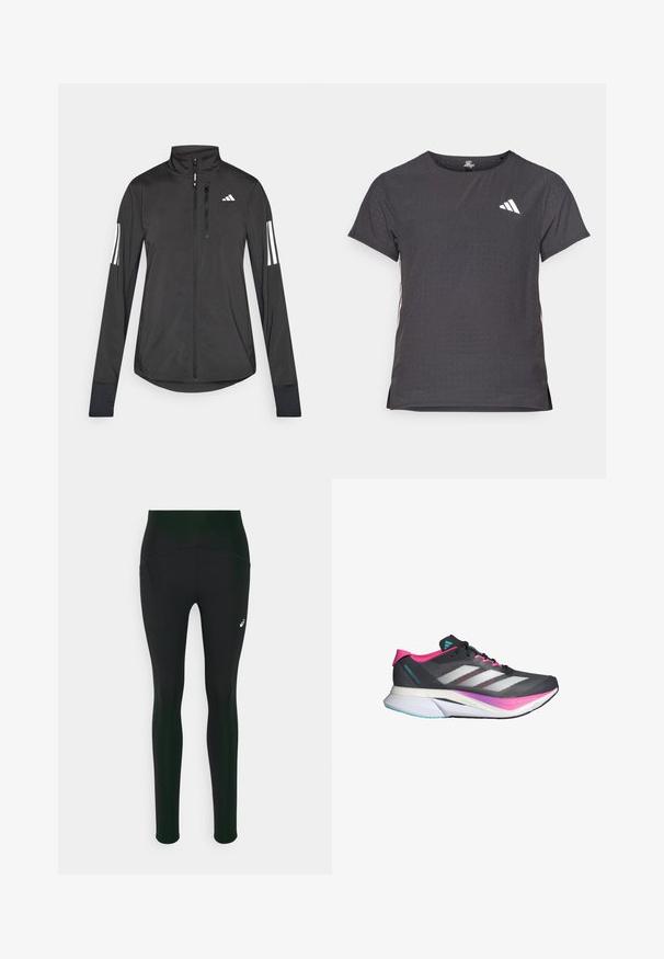 Zwarte sportjack gemaakt van lichtgewicht materiaal. Voorzien van een ritssluiting aan de voorkant, hoge kraag en drie witte strepen op elke mouw.; Korte mouwen sport t-shirt, donkergrijs met geperforeerde textuur. Bevat een wit logo en contrasterende zijstrepen. Ronde halslijn.; Zwarte leggings met een hoge taille, voorzien van een gladde textuur en zijzakken. Subtiele reflecterende accenten en een logodetail aanwezig.; Hardloopschoen met een grijze mesh bovenkant, roze accenten en witte strepen. Beschikt over een gevoerde zool en een slank, aerodynamisch ontwerp.
