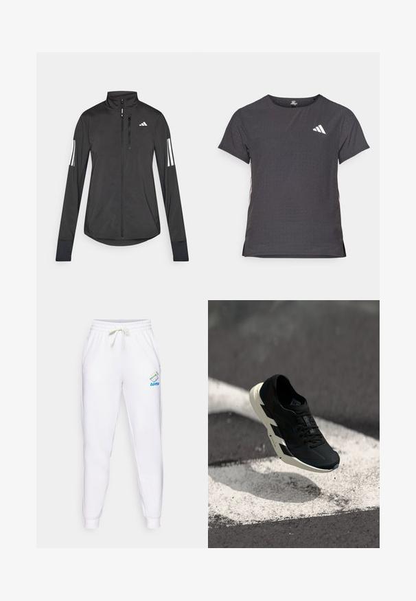 Svart treningsjakke laget av lett materiale. Har glidelås foran, høy krage og tre hvite striper på hver erme.; Kortermet treningstrøye, mørkegrå med perforert tekstur. Har en hvit logo og kontrasterende side-striper. Rund halslinje.; Hvite joggebukser med elastisk liv med justerbar snor. Har en blå og flerfarget Lotto-logo på venstre lår.; Svart treningssko med hvit sikksakk-såle hengende over asfalt med hvite veimerkninger og spredd smuss.