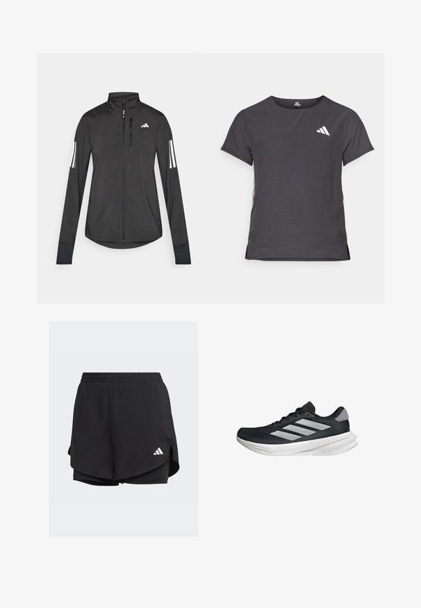 Schwarze Sportjacke aus leichtem Material. Mit einem Frontreißverschluss, hohem Kragen und drei weißen Streifen an jedem Ärmel.; Kurze Ärmel Sport-T-Shirt, dunkelgrau mit durchbrochener Textur. Enthält ein weißes Logo und kontrastierende Seitenstreifen. Runder Ausschnitt.; Schwarze Sportshorts mit elastischem Bund, geschichteter Optik, inneren enganliegenden Shorts und einem weißen Logo auf der unteren linken Seite.; Schwarzer Laufschuh mit Mesh-Obermaterial, drei silbernen Streifen, weißer Zwischensohle und strukturiertem Außensohle. Verfügt über einen gepolsterten Schaft und eine Schnürung.