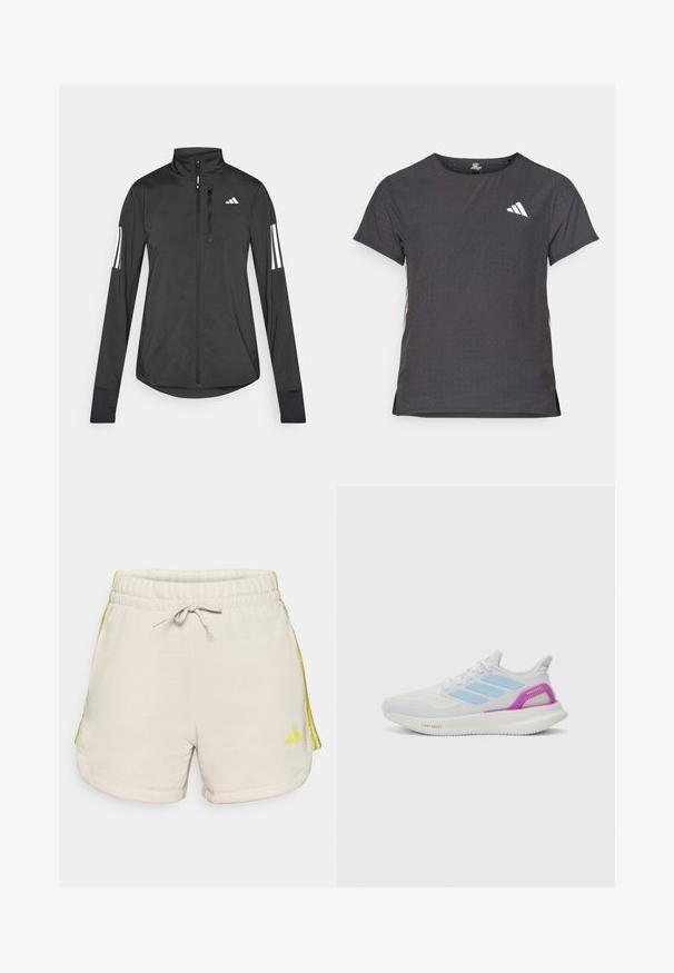 Juodas sportinis švarkas, pagamintas iš lengvos medžiagos. Yra priekinis užtrauktukas, aukšta apykaklė ir trys baltos juostos kiekviename rankovėje.; Trumpas rankovėmis sportinis marškinėlis, tamsiai pilkas, su perforuota tekstūra. Yra baltas logotipas ir kontrastingos šoninės juostos. Iškirptė suapvalinta.; Šviesiai rudi sportiniai šortai iš švelnios medžiagos su elastinga juostele, raišteliu ir geltonais šonais. Apykaklėje yra mažas logotipas.; adidas Performance PUREBOOST 5 - Bėgimo batai plentui - white/glow blue/purple burst