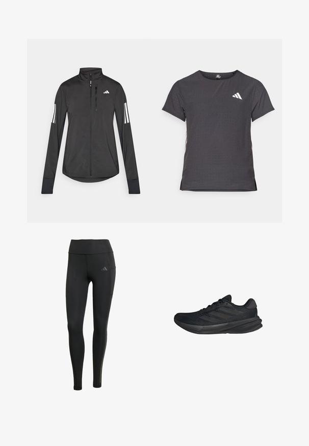 Chaqueta deportiva negra hecha de material ligero. Cuenta con una cremallera frontal, un cuello alto y tres franjas blancas en cada manga.; Camiseta atlética de manga corta, gris oscuro con textura perforada. Presenta un logo blanco y rayas laterales en contraste. Escote redondeado.; Leggings atléticos negros hechos de material elástico, con una cintura alta, costuras en tono y un pequeño logo en la parte superior de la pierna izquierda.; Zapatillas deportivas negras con parte superior de malla, forma aerodinámica, suela plana y tres rayas diagonales en el costado. Diseño ligero para mayor comodidad.