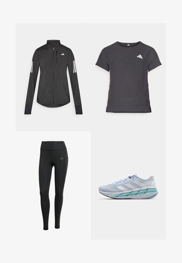 Veste de sport noire en matériau léger. Dotée d'une fermeture éclair sur le devant, d'un col haut et de trois rayures blanches sur chaque manche.; T-shirt de sport à manches courtes, gris foncé avec une texture perforée. Présente un logo blanc et des rayures latérales contrastantes. Encolure arrondie.; Leggings de sport noirs en matière extensible, dotés d'une taille haute, de coutures ton sur ton et d'un petit logo sur la cuisse gauche.; Baskets de sport bleu clair avec un dessus en tricot texturé, des accents blancs et une semelle intermédiaire transparente verte. Bout arrondi et col rembourré.