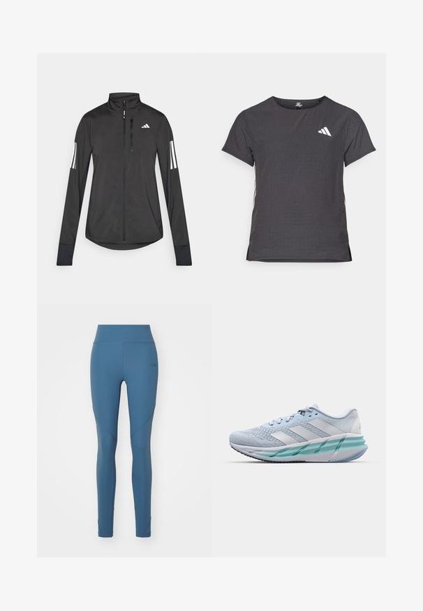 Chaqueta deportiva negra hecha de material ligero. Cuenta con una cremallera frontal, un cuello alto y tres franjas blancas en cada manga.; Camiseta atlética de manga corta, gris oscuro con textura perforada. Presenta un logo blanco y rayas laterales en contraste. Escote redondeado.; Leggings de color azul medio, hechos de una tela suave y elástica. Diseño de cintura alta con costuras reforzadas y acentos geométricos sutiles.; Zapatillas deportivas azul claro con un upper de punto texturizado, acentos blancos y una suela intermedia verde transparente. Punta redondeada y cuello acolchado.