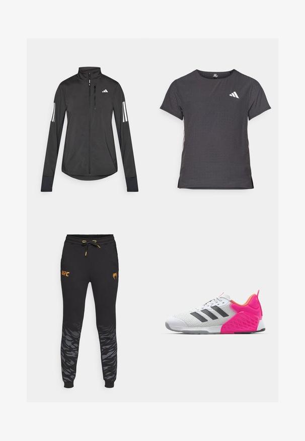 Črna športna jakna iz lahkega materiala. Ima sprednji zadrgo, visok ovratnik in tri bele črte na vsaki rokavi.; Kratka športna majica s kratkimi rokavi, temno siva z perforirano teksturo. Ima bel logotip in kontrastne stranske črte. Okrogel ovratnik.; Črne trenirke ožjega kroja, z elastičnim pasom, vrvico za prilagajanje, zlatim logotipom UFC in s sivim abstraktnim vzorcem na spodnjem delu nog. ; Bela športna čevelj z sivo črtami, mrežasto zgornjim delom in rožnato peto ter dodatki. Ima teksturirano peto in gumijastim podplatom. Čipke in oblazinjen ovratnik.