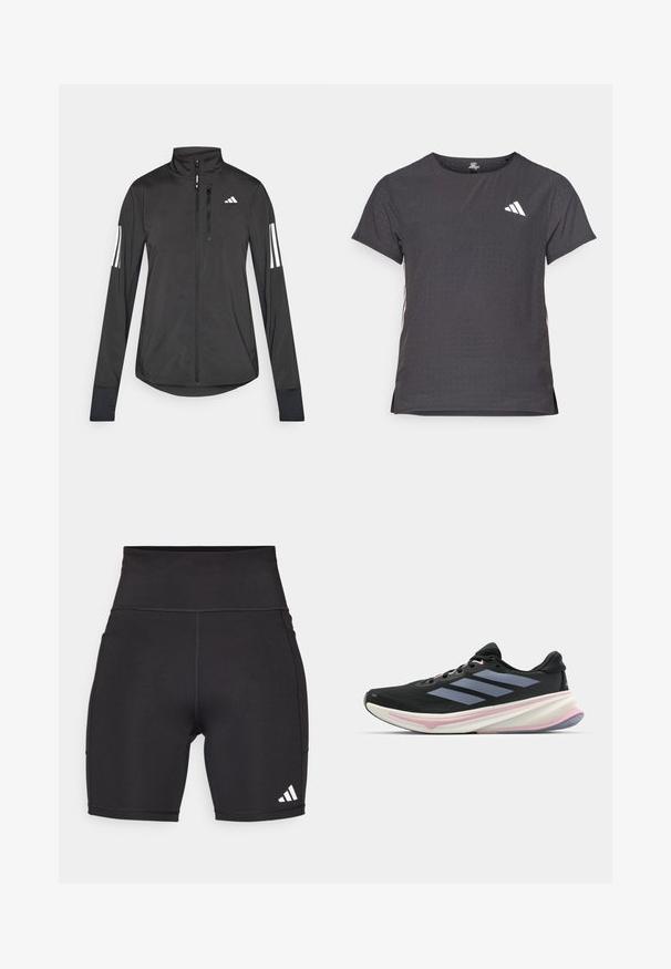 Black athletic jacket made of lightweight material. Features a front zipper, high collar, and three white stripes on each sleeve.; Short-sleeve athletic t-shirt, dark gray with perforated texture. Features a white logo and contrasting side stripes. Rounded neckline.; Black athletic shorts made of stretchy fabric. High waistband, mid-thigh length, with white three-stripe logo on the lower left side.; Black running shoe with mesh upper, light purple accents, and three horizontal gray stripes. Features a cushioned sole for comfort.