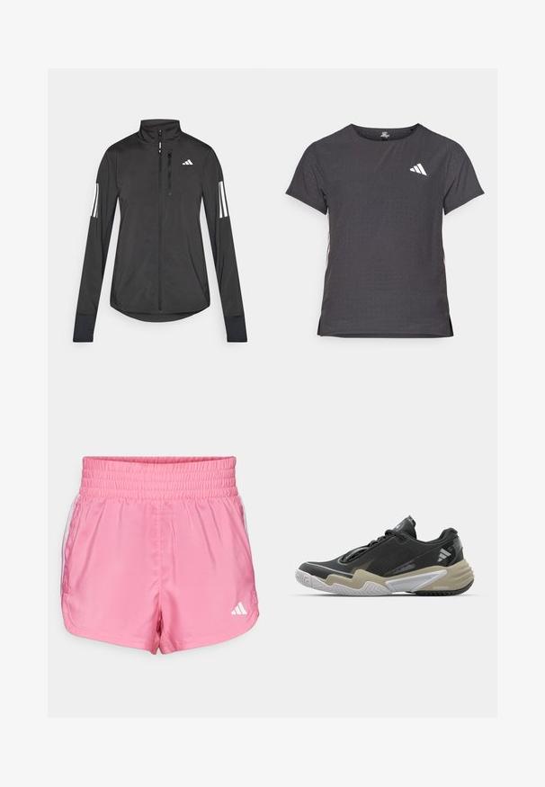 Melnā sporta jaka, izgatavota no viegla materiāla. Tajā ir priekšējais rāvējslēdzis, augsta apkakle un trīs baltas svītras katrā piedurknē.; Īsām piedurkņu sporta T-krekls, tumši pelēks ar perforētu tekstūru. Iespējots ar baltu logotipu un kontrastējošām sānu svītrām. Apaļa kakla izgriezums.; Rožu sporta šorti ar elastīgu jostasvīru, ar baltām sānu akcentiem un mazu baltu logotipu apakšējā labajā stūrī.; Melnas un bēšas sporta kurpes ar teksturētu augšu, izteiksmīgu zoles dizainu, atstarojošiem akcentiem un auklu sistēmu. Vieglas konstrukcijas.