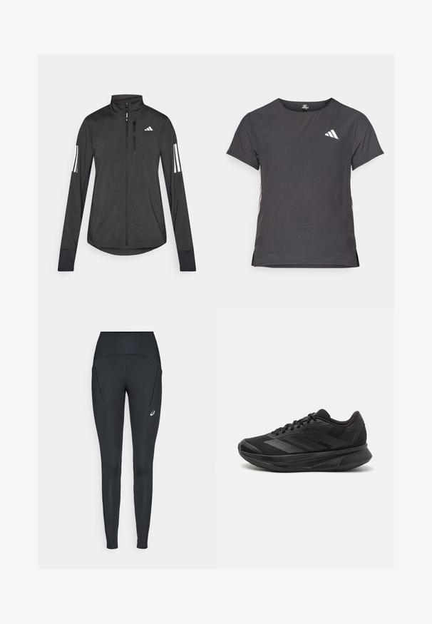 Fekete sportos dzseki könnyű anyagból. Elöl cipzárral, magas gallérral és minden ujjon három fehér csíkkal rendelkezik.; Rövid ujjú sport póló, sötétszürke perforált textúrával. Fehér logóval és kontrasztos oldalsávokkal rendelkezik. Kerek nyakkal.; Fekete sport leggings, magas derékkal, sima textúrával és oldalzsebekkel; bal lábon egy kis logó található.; Fekete futócipő lélegző hálós felsőrésszel, kerek orral, stílusos dizájnnal, texturált részletekkel és párnázott talppal a kényelem érdekében.