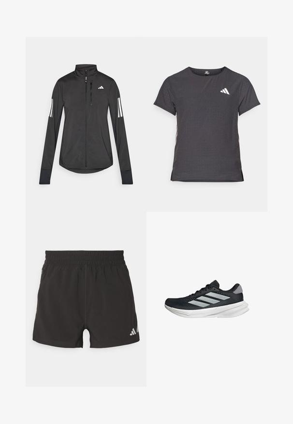 Zwarte sportjack gemaakt van lichtgewicht materiaal. Voorzien van een ritssluiting aan de voorkant, hoge kraag en drie witte strepen op elke mouw.; Korte mouwen sport t-shirt, donkergrijs met geperforeerde textuur. Bevat een wit logo en contrasterende zijstrepen. Ronde halslijn.; Zwarte sportieve shorts van lichtgewicht stof. Kenmerkt zich door een elastische tailleband, een zijzak met rits en een reflecterend logo op de zoom.; Zwarte hardloopschoen met een mesh bovenzijde, drie zilveren strepen, witte middenzool en een gestructureerde loopzool. Heeft een gevoerde kraag en een vetersluiting.