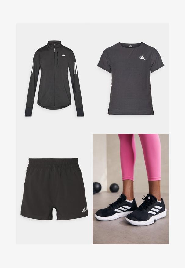 Juodas sportinis švarkas, pagamintas iš lengvos medžiagos. Yra priekinis užtrauktukas, aukšta apykaklė ir trys baltos juostos kiekviename rankovėje.; Trumpas rankovėmis sportinis marškinėlis, tamsiai pilkas, su perforuota tekstūra. Yra baltas logotipas ir kontrastingos šoninės juostos. Iškirptė suapvalinta.; Juodi sportiniai šortai, pagaminti iš lengvos medžiagos. Turi elastingą juosmenį, šoninį užtrauktuką kišenę ir atspindinčią logotipą ant apatinio krašto.; Juodi sportiniai bateliai su baltais dryžiais, tekstūruota tinklinė viršutinė dalis ir balti padai. Dėvimi su rožiniais leggingais, demonstruojant treniruočių aprangą.