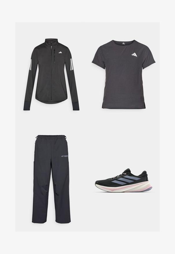 Svart idrottsjacka i lätt material. Har en framzipper, hög krage och tre vita ränder på varje ärm.; Kortärmad atletisk t-shirt, mörkgrå med perforerad textur. Har en vit logotyp och kontrasterande sidostripes. Rundad halsringning.; Svarta, lätta utomhusbyxor med ett elastiskt midjeband, fickor på sidorna och en logotyp på övre högra benet. Slät, vattentålig tyg.; Svarta sportskor med övre del av mesh, grå ränder, vit mellansula med rosa accenter och en texturerad yttersula.