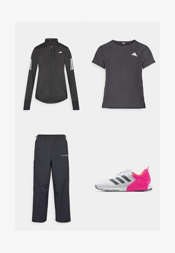 Musta urheilutakki, joka on valmistettu kevyestä materiaalista. Ominaisuuksiin kuuluu etuvetoketju, korkea kaulus ja kolme valkoista raitaa joka hihassa.; Lyhythihainen urheilupaita, tummanharmaa, jossa on reikäkudot. Ominaisuuksina valkoinen logo ja kontrastiväriset sivusuunnat. Pyöreä pääntie.; Mustat, kevyet ulkoiluhousut, joissa on joustava vyötärö, sivutaskut ja logo oikeassa yläreunassa. Sujuva, vettä hylkivä kangas.; Valkoinen urheilukenkä, jossa on harmaat raidat, verkkomateriaali päälliosassa ja vaaleanpunaiset kantapää ja yksityiskohdat. Varustettu teksturoidulla kantapäällä ja kumipohjalla. Nyörit ja pehmustettu kaulus.