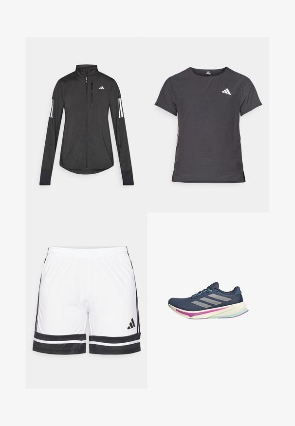 Svart treningsjakke laget av lett materiale. Har glidelås foran, høy krage og tre hvite striper på hver erme.; Kortermet treningstrøye, mørkegrå med perforert tekstur. Har en hvit logo og kontrasterende side-striper. Rund halslinje.; Hvite trening-shorts med svarte detaljer, med en elastisk midje og kontrasterende svarte striper langs kanten og sidene.; Marine løpesko med mesh-overdel, sølvstriper, mintakenter og polstret såle med rosa og teal detaljer for komfort.