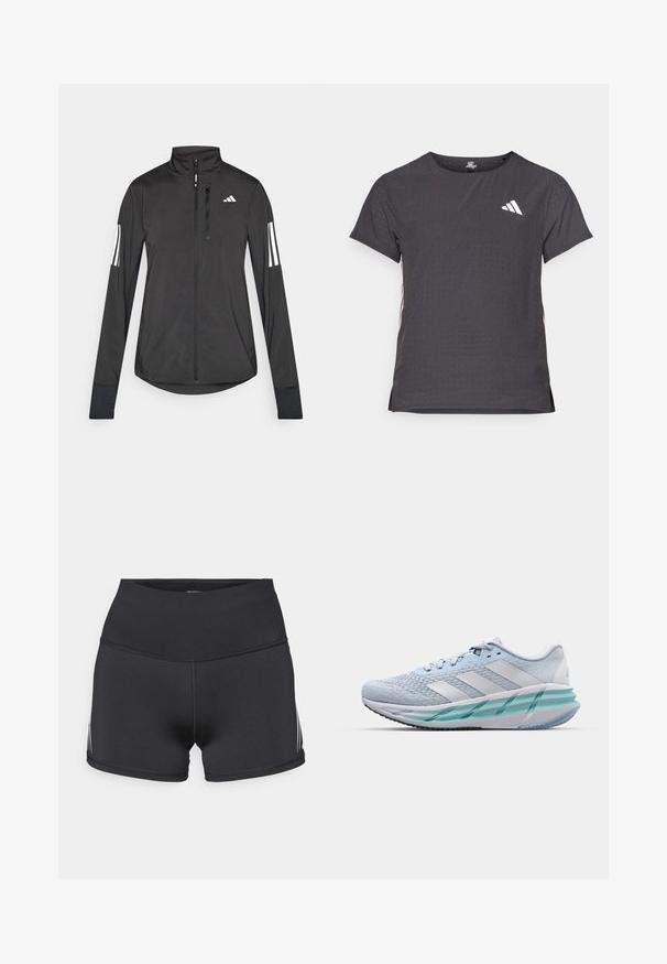 Čierna športová bunda vyrobená z ľahkého materiálu. Má zips vpredu, vysoký golier a tri biele pruhy na každom rukáve.; Tričko s krátkym rukávom pre šport, tmavosivé s perforovanou textúrou. Obsahuje biele logo a kontrastné bočné pruhy. Okrúhly výstrih.; Čierne športové šortky s vysokým pásom, vyrobené z elastickej látky. Majú biele bočné pruhy a ploché švy pre pohodlie.; Svetlomodré športové topánky s textúrovaným pleteným horným dielom, bielymi akcentami a priehľadnou zelenou strednou podrážkou. Okrúhla špička a polstrovaný golier.
