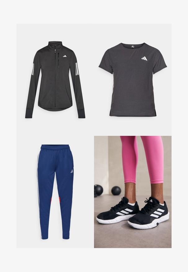 Juodas sportinis švarkas, pagamintas iš lengvos medžiagos. Yra priekinis užtrauktukas, aukšta apykaklė ir trys baltos juostos kiekviename rankovėje.; Trumpas rankovėmis sportinis marškinėlis, tamsiai pilkas, su perforuota tekstūra. Yra baltas logotipas ir kontrastingos šoninės juostos. Iškirptė suapvalinta.; Jūriniai sportiniai šortai su baltais šonų juostelėmis, elastinga juosmens juosta ir raudonais akcentais apačioje. Pagaminti iš lygaus, lengvo audinio.; Juodi sportiniai bateliai su baltais dryžiais, tekstūruota tinklinė viršutinė dalis ir balti padai. Dėvimi su rožiniais leggingais, demonstruojant treniruočių aprangą.