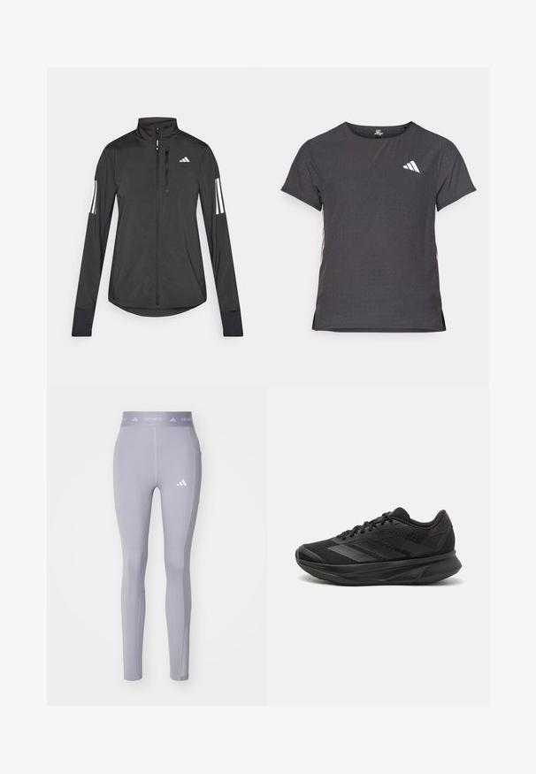 Black athletic jacket made of lightweight material. Features a front zipper, high collar, and three white stripes on each sleeve.; Short-sleeve athletic t-shirt, dark gray with perforated texture. Features a white logo and contrasting side stripes. Rounded neckline.; adidas Performance Leggings - Trousers - glory grey; Black running shoe with a breathable mesh upper, rounded toe, sleek design, textured accents, and a cushioned sole for comfort.
