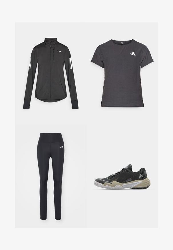 Veste de sport noire en matériau léger. Dotée d'une fermeture éclair sur le devant, d'un col haut et de trois rayures blanches sur chaque manche.; T-shirt de sport à manches courtes, gris foncé avec une texture perforée. Présente un logo blanc et des rayures latérales contrastantes. Encolure arrondie.; Leggings de sport noirs en tissu extensible, avec une taille haute et un logo de marque blanc sur la hanche gauche.; Chaussure de sport noire et beige avec une tige texturée, un design de semelle proéminent, des accents réfléchissants et un système de laçage. Construction légère.