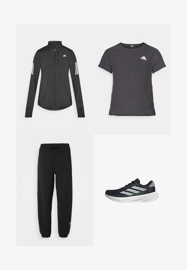 Černá atletická bunda vyrobená z lehkého materiálu. Má přední zip, vysoký límec a tři bílé pruhy na každém rukávu.; Kraťasový sportovní tričko, tmavě šedé barvy s perforovanou texturou. Obsahuje bílé logo a kontrastní boční pruhy. Kulatý výstřih.; Černé tepláky vyrobené z měkké tkaniny, s elastickým pasem se šňůrkou, manžetami na kotnících a malým logem na spodní části nohy.; Černé běžecké boty s vrchní částí z prodyšné síťoviny, třemi stříbrnými pruhy, bílou mezipodešví a texturovanou podešví. Obsahují polstrovaný límec a šněrování.
