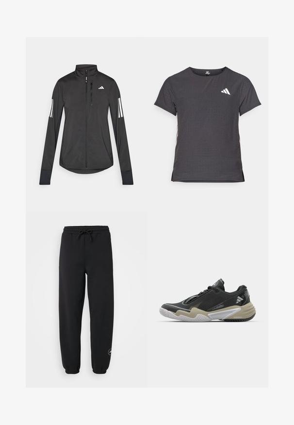 Črna športna jakna iz lahkega materiala. Ima sprednji zadrgo, visok ovratnik in tri bele črte na vsaki rokavi.; Kratka športna majica s kratkimi rokavi, temno siva z perforirano teksturo. Ima bel logotip in kontrastne stranske črte. Okrogel ovratnik.; Črne trenirke iz mehkega blaga, z elastičnim pasom in vrvico, zapetimi gležnji ter majhnim logotipom na spodnjem delu noge.; Črne in bež športne čevlje z teksturirano zgornjico, izrazitim dizajnom podplata, odsevni detajli in sistem vezalke. Lahka konstrukcija.