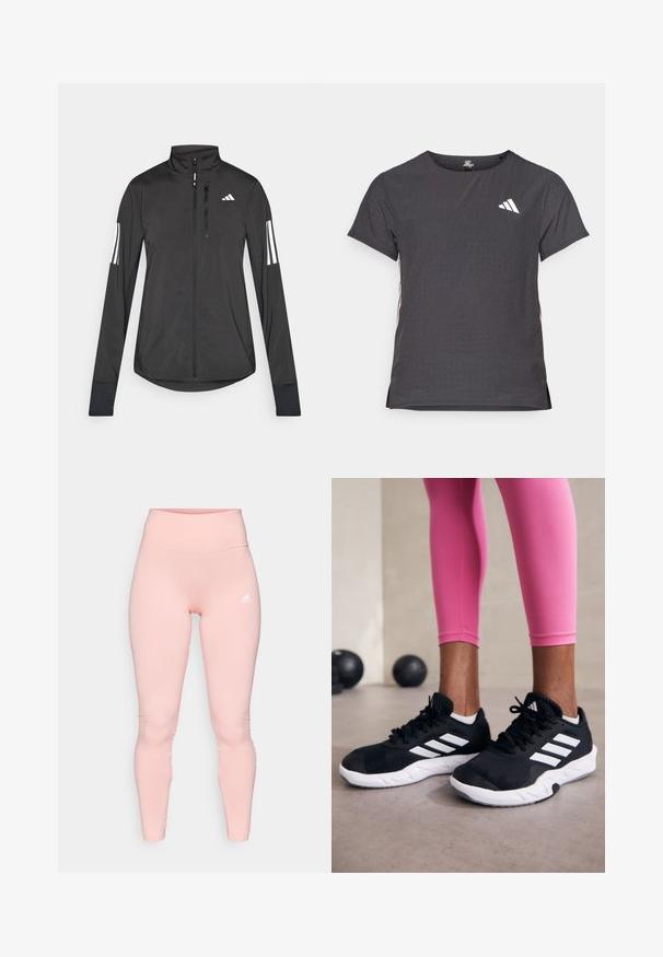 Μαύρο αθλητικό μπουφάν από ελαφρύ υλικό. Διαθέτει μπροστινό φερμουάρ, υψηλό γιακά και τρεις λευκές ρίγες σε κάθε μανίκι.; Αθλητικό μπλουζάκι κοντό μανίκι, σκούρο γκρί με διάτρητη υφή. Διαθέτει λευκό λογότυπο και αντίθετες ρίγες στο πλάι. Στρογγυλή λαιμόκοψη.; adidas Sportswear Κολάν - semi pink spark; Μαύρα αθλητικά παπούτσια με λευκές ρίγες, με επάνω μέρος από υφαντό πλέγμα και λευκή σόλα. Φορεμένα με ροζ κολάν, επιδεικνύοντας ρουχισμό προπόνησης.