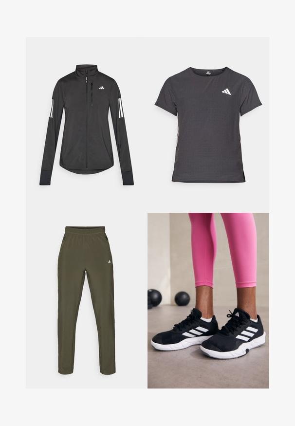 Fekete sportos dzseki könnyű anyagból. Elöl cipzárral, magas gallérral és minden ujjon három fehér csíkkal rendelkezik.; Rövid ujjú sport póló, sötétszürke perforált textúrával. Fehér logóval és kontrasztos oldalsávokkal rendelkezik. Kerek nyakkal.; Olajzöld sportnadrág, elasztikus derékkal, oldalzsebekkel, és egy kis fehér logóval a bal combon; sima textúra.; Fekete sportcipők fehér csíkokkal, texturált hálós felsőrésszel és fehér talppal. Rózsaszín leggings-szel viselve, bemutatva az edzőruhákat.