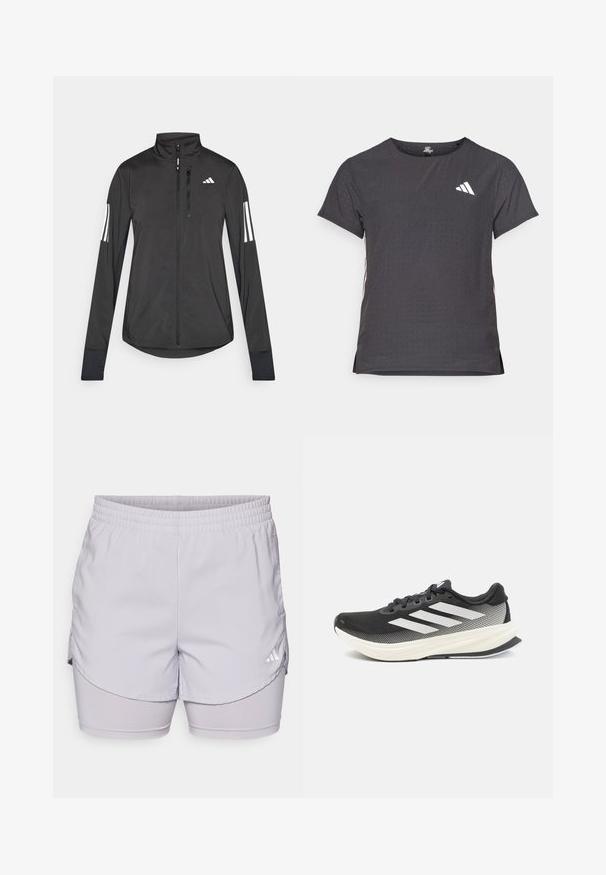 Fekete sportos dzseki könnyű anyagból. Elöl cipzárral, magas gallérral és minden ujjon három fehér csíkkal rendelkezik.; Rövid ujjú sport póló, sötétszürke perforált textúrával. Fehér logóval és kontrasztos oldalsávokkal rendelkezik. Kerek nyakkal.; adidas Performance W MIN 2IN1 SHO - Sport rövidnadrágok - glory grey; Fekete sportcipő hálós felsőrésszel, fehér részletekkel és vastag fehér középtalppal. Zsinórral és alacsony profilú dizájnnal rendelkezik.