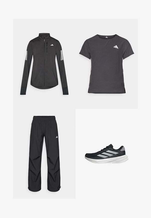 Zwarte sportjack gemaakt van lichtgewicht materiaal. Voorzien van een ritssluiting aan de voorkant, hoge kraag en drie witte strepen op elke mouw.; Korte mouwen sport t-shirt, donkergrijs met geperforeerde textuur. Bevat een wit logo en contrasterende zijstrepen. Ronde halslijn.; Zwarte, lichtgewicht, waterdichte broek met een elastische tailleband, zijzakken en verstelbare boorden. Voorzien van een wit logo op de linker bovenbeen.; Zwarte hardloopschoen met een mesh bovenzijde, drie zilveren strepen, witte middenzool en een gestructureerde loopzool. Heeft een gevoerde kraag en een vetersluiting.