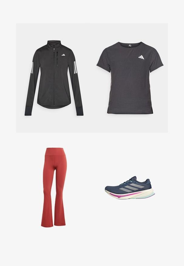 Chaqueta deportiva negra hecha de material ligero. Cuenta con una cremallera frontal, un cuello alto y tres franjas blancas en cada manga.; Camiseta atlética de manga corta, gris oscuro con textura perforada. Presenta un logo blanco y rayas laterales en contraste. Escote redondeado.; Leggings rojos acampanados con una cintura alta, hechos de una tela elástica. Textura suave sin patrones ni herrajes visibles.; Zapatilla de correr de la marina con parte superior de malla, rayas plateadas, acentos en menta y suela acolchada con detalles en rosa y verde azulado para mayor comodidad.