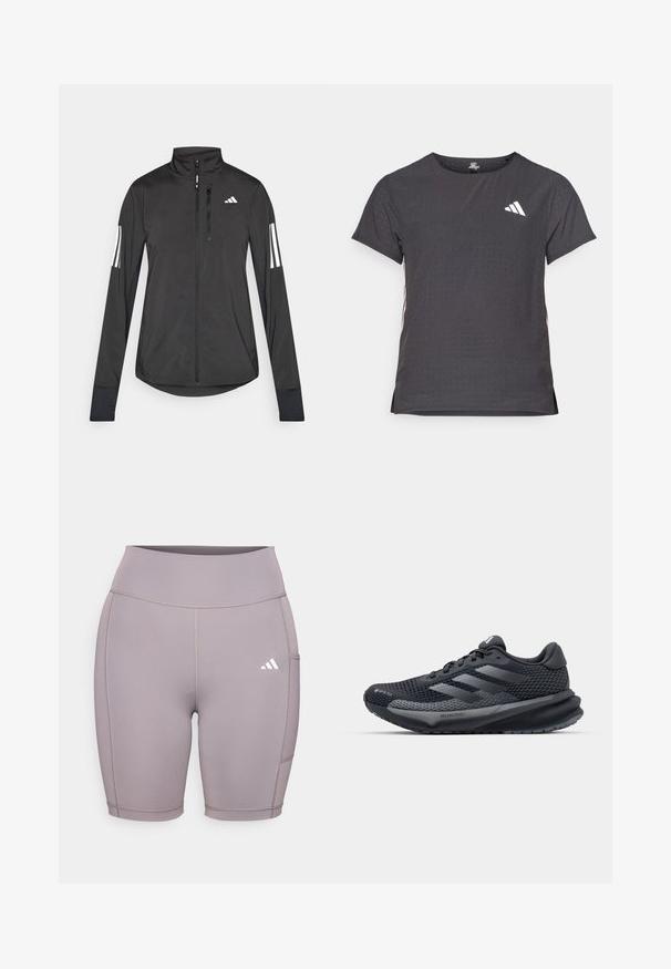 Czarna sportowa kurtka wykonana z lekkiego materiału. Posiada zamek błyskawiczny z przodu, wysoki kołnierz oraz trzy białe paski na każdym rękawie.; Koszulka sportowa z krótkim rękawem, ciemnoszara z perforowaną teksturą. Posiada białe logo oraz kontrastowe paski po bokach. Okrągły dekolt.; Elastyczne, lawendowe szorty rowerowe z wysokim stanem. Posiadają płaskie szwy i boczną kieszeń. Wyróżniające się białe logo Adidas na dolnej lewej stronie.; Czarne buty sportowe z teksturowanym siateczkowym wierzchem, odblaskowymi akcentami, wyściełaną podeszwą i aerodynamicznym kształtem. Zawierają logo z trzema paskami.