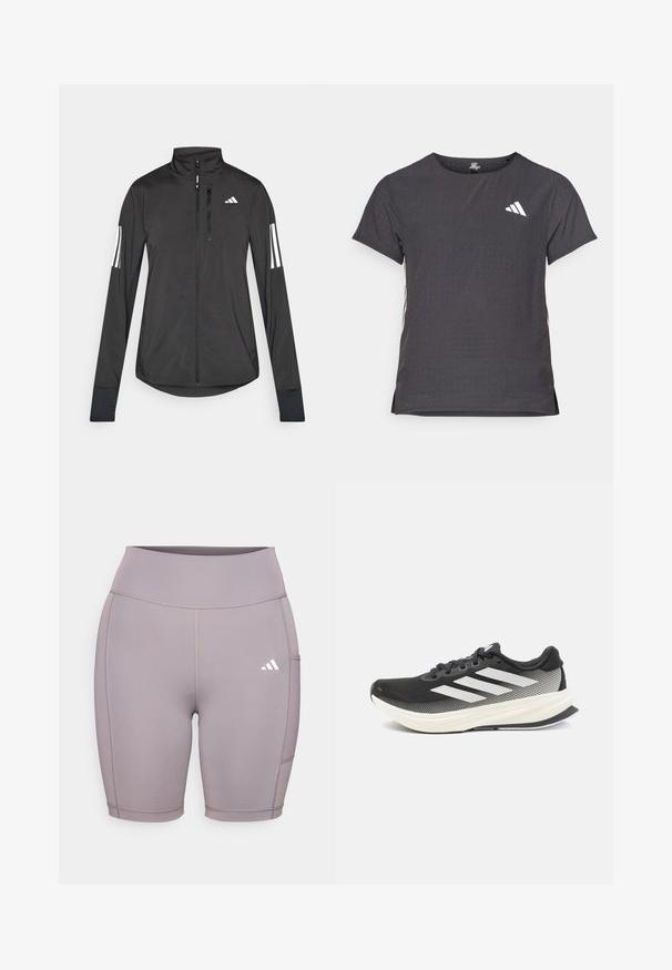 Svart idrottsjacka i lätt material. Har en framzipper, hög krage och tre vita ränder på varje ärm.; Kortärmad atletisk t-shirt, mörkgrå med perforerad textur. Har en vit logotyp och kontrasterande sidostripes. Rundad halsringning.; Stretchiga, lavendelfärgade cykelshorts med hög midja. Har platta sömmar och en sidoficka. Framträdande Adidas-logotyp i vitt på nedre vänstra sidan.; Svart idrottssko med meshupp, vita accenter och en tjock vit mellansula. Utrustad med snörning och en låg profil.