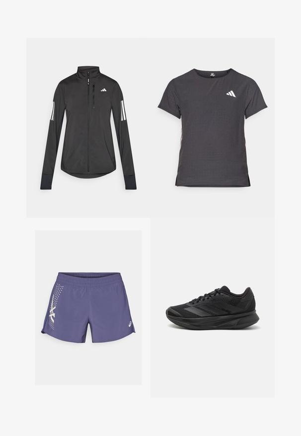 Black athletic jacket made of lightweight material. Features a front zipper, high collar, and three white stripes on each sleeve.; Short-sleeve athletic t-shirt, dark gray with perforated texture. Features a white logo and contrasting side stripes. Rounded neckline.; Purple athletic shorts made of lightweight fabric, featuring a side white pattern and logo. Elastic waistband with a smooth texture.; Black running shoe with a breathable mesh upper, rounded toe, sleek design, textured accents, and a cushioned sole for comfort.
