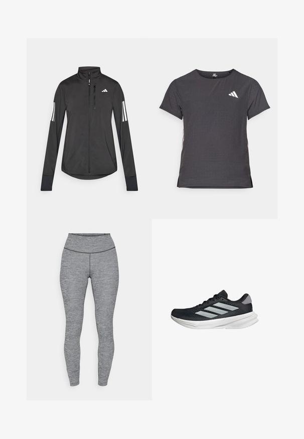 Černá atletická bunda vyrobená z lehkého materiálu. Má přední zip, vysoký límec a tři bílé pruhy na každém rukávu.; Kraťasový sportovní tričko, tmavě šedé barvy s perforovanou texturou. Obsahuje bílé logo a kontrastní boční pruhy. Kulatý výstřih.; Šedé legíny s vysokým pasem a texturovanou tkaninou. Navrženy pro přiléhavý tvar, mají bezešvý pas a žádné viditelné hardwarové prvky.; Černé běžecké boty s vrchní částí z prodyšné síťoviny, třemi stříbrnými pruhy, bílou mezipodešví a texturovanou podešví. Obsahují polstrovaný límec a šněrování.