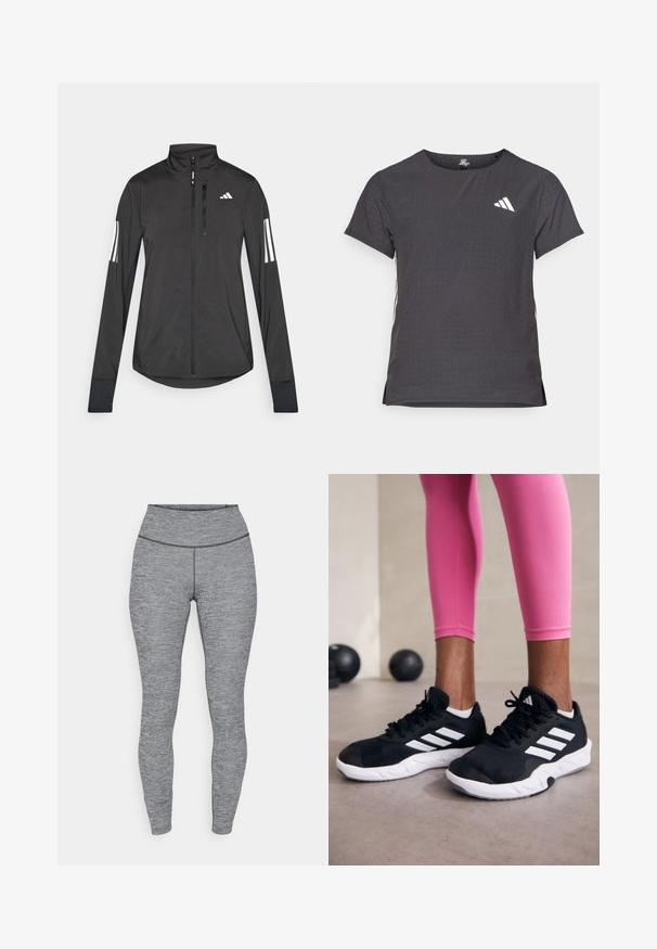 Juodas sportinis švarkas, pagamintas iš lengvos medžiagos. Yra priekinis užtrauktukas, aukšta apykaklė ir trys baltos juostos kiekviename rankovėje.; Trumpas rankovėmis sportinis marškinėlis, tamsiai pilkas, su perforuota tekstūra. Yra baltas logotipas ir kontrastingos šoninės juostos. Iškirptė suapvalinta.; Pilki, aukšto liemens leggingai su tekstūruota medžiaga. Sukurti prigludusiai formai, su bešeime juosmens juosta ir nematoma aparatūra.; Juodi sportiniai bateliai su baltais dryžiais, tekstūruota tinklinė viršutinė dalis ir balti padai. Dėvimi su rožiniais leggingais, demonstruojant treniruočių aprangą.