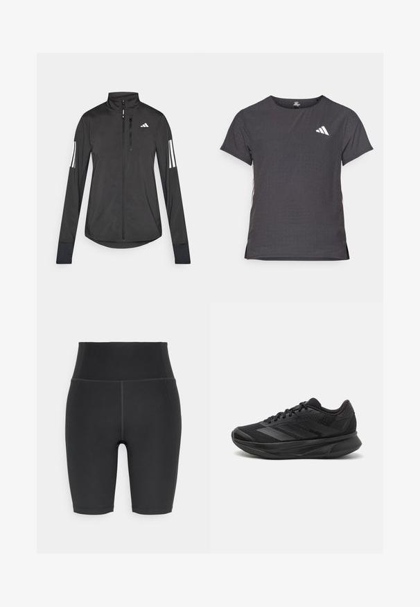 Giacchetto sportivo nero realizzato in materiale leggero. Presenta una chiusura frontale con zip, colletto alto e tre strisce bianche su ciascun manica.; T-shirt atletico a maniche corte, grigio scuro con texture perforata. Presenta un logo bianco e strisce laterali a contrasto. Girocollo.; Pantaloni corti neri in tessuto elasticizzato, caratterizzati da una vita alta e cuciture piatte, con una texture liscia e senza motivi visibili.; Scarpa da corsa nera con tomaia in rete traspirante, punta rotonda, design elegante, dettagli testurizzati e suola ammortizzata per il comfort.