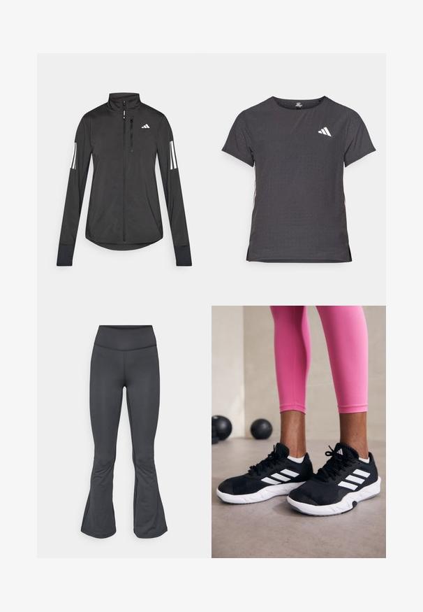 Veste de sport noire en matériau léger. Dotée d'une fermeture éclair sur le devant, d'un col haut et de trois rayures blanches sur chaque manche.; T-shirt de sport à manches courtes, gris foncé avec une texture perforée. Présente un logo blanc et des rayures latérales contrastantes. Encolure arrondie.; Leggings gris avec un design évasé en bas, fabriqués à partir d'un matériau lisse et extensible, présentant une taille haute et une construction sans coutures.; Baskets de sport noires avec des rayures blanches, tige en mesh texturé et semelle blanche. Portées avec des leggings roses, mettant en valeur des vêtements d'entraînement.
