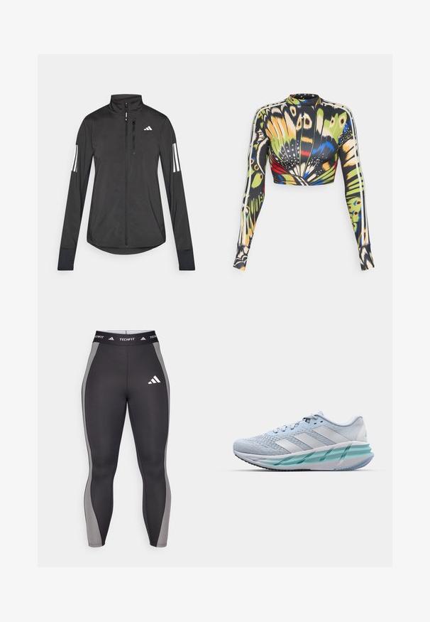Schwarze Sportjacke aus leichtem Material. Mit einem Frontreißverschluss, hohem Kragen und drei weißen Streifen an jedem Ärmel.; Langärmliges Crop-Top mit einem mehrfarbigen Schmetterlingsmuster in Schwarz, Grün, Gelb und Blau; besitzt weiße Seitenstreifen und eine schmale Passform.; Schwarze Sportleggings mit grauen Seiteneinsätzen, ausgestattet mit einem Techfit-Bund und einem adidas-Logo auf dem linken Oberschenkel. Glattes, dehnbares Material.; Helle blaue Sportschuhe mit einem strukturierten Strickobermaterial, weißen Akzenten und einer transparenten grünen Zwischensohle. Abgerundete Zehenpartie und gepolsterter Schaft.