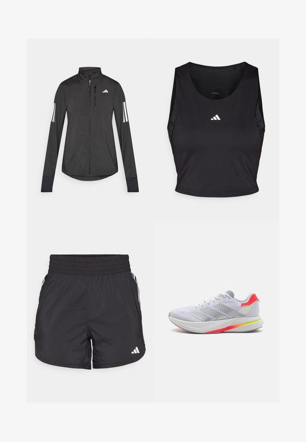 Čierna športová bunda vyrobená z ľahkého materiálu. Má zips vpredu, vysoký golier a tri biele pruhy na každom rukáve.; Čierny športový crop top vyrobený z látky odvádzajúcej vlhkosť, s okrúhlym výstrihom, bez rukávov a bielym logom na hrudníku.; Čierne športové šortky s elastickým pásom, bočnými vreckami a bielymi pruhmi po stranách. Vyrobené z ľahkého materiálu.; Biela športová obuv s mesh hornou časťou, šedými akcentmi, reflexnými prúžkami a jasne oranžovo-žltým gradientným podrážkou. Obsahuje odpruženú strednú podrážku.