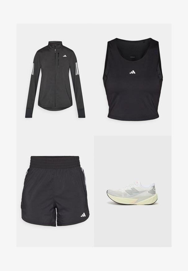 Zwarte sportjack gemaakt van lichtgewicht materiaal. Voorzien van een ritssluiting aan de voorkant, hoge kraag en drie witte strepen op elke mouw.; Zwarte sportcrop top gemaakt van vochtregulerende stof, met een ronde hals, mouwloos ontwerp en wit logo op de borst.; Zwarte sportieve shorts met een elastische tailleband, zijzakken en witte streepaccenten aan de zijkanten. Gemaakt van lichtgewicht materiaal.; Lichte hardloopschoen met een grijs en wit mesh bovenwerk, een opvallend 'N' logo en een gele tussenzool met schuine accenten. Zwarte buitenzool.