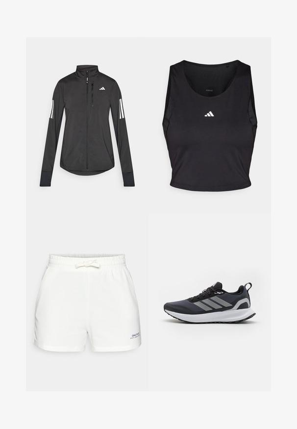 Melnā sporta jaka, izgatavota no viegla materiāla. Tajā ir priekšējais rāvējslēdzis, augsta apkakle un trīs baltas svītras katrā piedurknē.; Melnā sporta kroplaka, izgatavota no mitruma noņemšanas auduma, ar apaļu kakla izgriezumu, bez piedurknēm un baltu emblēmu uz krūtīm.; Baltas elastīga josta šorts, izgatavots no mīkstas auduma, ar auklu, kabatām un nelielu zilu logotipu apakšējā kreisajā stūrī.; Melna sporta kurpe ar acs materiāla augšdaļu, balta apakšzole, teksturēta gumijas zole un trīs pelēkas svītras sānos. Aprīkota ar saites un aizmugures cilpu.