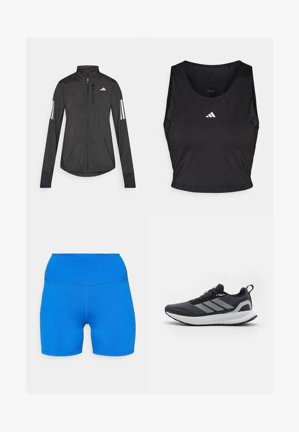 Must mustriga mustrin, millel on esiküljel lukuga, kõrge krae ja igal varrukal kolm valget triipu.; Mustmust sportlik crop tops, mis on valmistatud niiskust eemal hoidvast kangast, ümmarguse kaelaaugu, varrukateta disaini ja valge logoga rinnal.; Sinised spordilühikesed püksid, mis on valmistatud venivast ja hingavast kangast. Omavad kõrget taljet ja õmblusteta disaini, mis on ideaalne mugavuse ja liikumise jaoks.; Mustad mustrikad uuendatud ülemise osaga, valge vahekiht, tekstuuriga kummist välistald ja kolm halli triipu külgedel. Omavad paelu ja tõmbenööri.