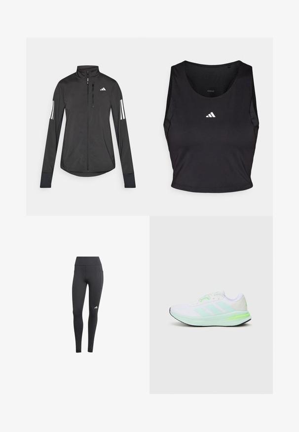 Veste de sport noire en matériau léger. Dotée d'une fermeture éclair sur le devant, d'un col haut et de trois rayures blanches sur chaque manche.; Crop top de sport noir en tissu évacuant l'humidité, avec un col rond, sans manches, et logo blanc sur la poitrine.; Leggings de sport noirs avec une taille haute, dotés d'une poche latérale et d'un logo blanc sur le bas de la jambe gauche. Le matériau semble respirant.; Chaussure de sport blanche avec tige en mesh, accents vert lime et semelle noire. Présente un design à trois rayures sur le côté et un collier rembourré.