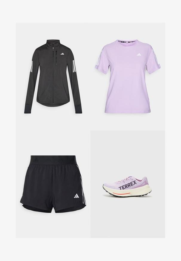 Giacchetto sportivo nero realizzato in materiale leggero. Presenta una chiusura frontale con zip, colletto alto e tre strisce bianche su ciascun manica.; Maglietta atletica corta lilla realizzata in tessuto traspirante, con scollatura rotonda, superficie testurizzata e tre strisce bianche sulle spalle.; Pantaloni sportivi neri con cintura elasticizzata, dotati di una banda testurizzata, strisce laterali e un logo Adidas bianco sull'orlo inferiore.; Scarpa da corsa viola con tomaia in mesh traspirante, logo "TERREX" ben visibile, intersuola bianca e suola in gomma nera con accenti rossi.