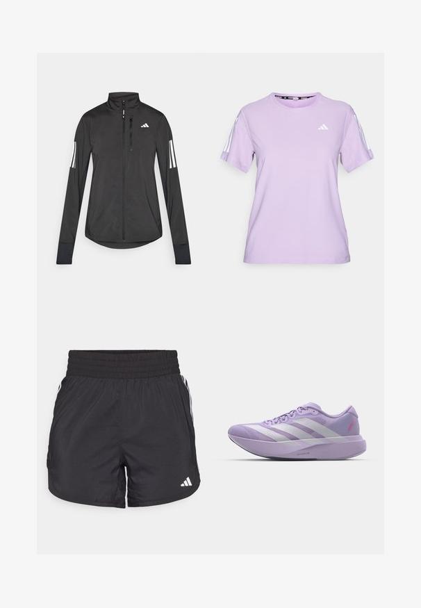 Črna športna jakna iz lahkega materiala. Ima sprednji zadrgo, visok ovratnik in tri bele črte na vsaki rokavi.; Lila kratka športna majica iz zračnega materiala, z okroglim izrezom, teksturirano površino in tremi belimi črtami na ramenih.; Črne atletske kratke hlače z elastičnim pasom, stranskimi žepi in belimi črtami na straneh. Narejene iz lahkega materiala.; Svetlo vijolične teniske za tek z mrežasto zgornjim delom, belim dizajnom s tremi črtami, teksturirano površino in debelim penastim medpodplatom, označenim kot "LIGHTSTRIKE PRO."