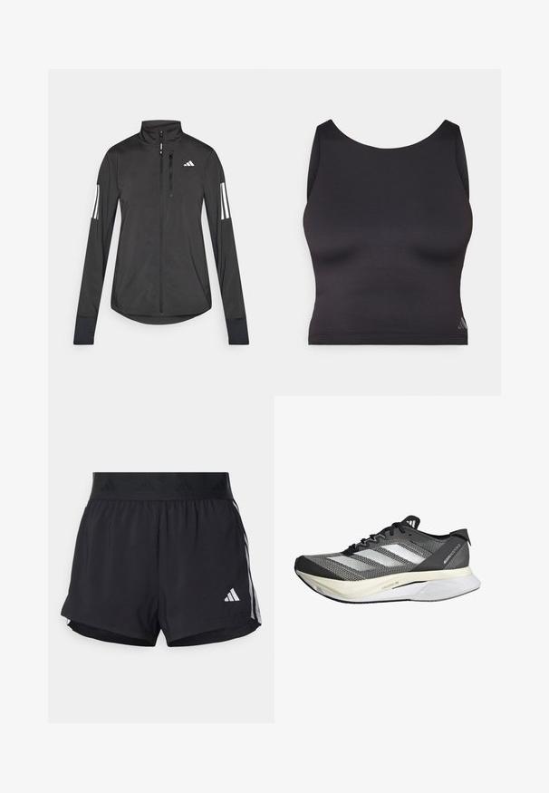 Melnā sporta jaka, izgatavota no viegla materiāla. Tajā ir priekšējais rāvējslēdzis, augsta apkakle un trīs baltas svītras katrā piedurknē.; Melnas sporta topiņš, izgatavots no gludas, elastīgas auduma ar apaļu izgriezumu un bez piedurknēm. Tam ir smalka logo detaļa.; Melni sporta šorti ar elastīgu jostu, ar teksturētu joslu, sānu svītrām un baltu Adidas logo apakšējā malu.; Melnbaltas skriešanas kurpes ar adītu augšdaļu, trim sānu svītrām, vieglu zoli un teksturētu apdari uz acs.