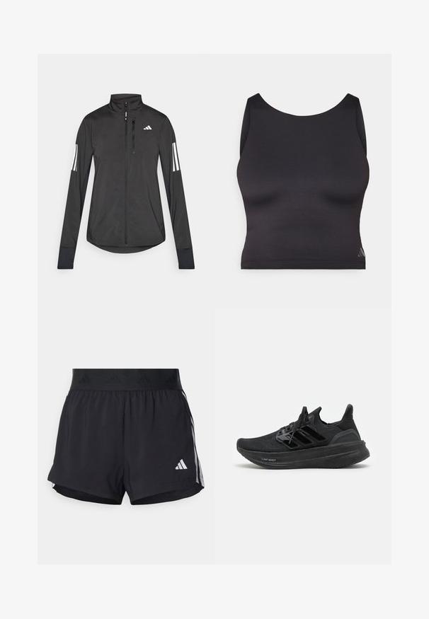 Giacchetto sportivo nero realizzato in materiale leggero. Presenta una chiusura frontale con zip, colletto alto e tre strisce bianche su ciascun manica.; Top sportivo nero a maniche corte realizzato in tessuto liscio ed elastico, con scollatura rotonda. Presenta un discreto dettaglio del logo.; Pantaloni sportivi neri con cintura elasticizzata, dotati di una banda testurizzata, strisce laterali e un logo Adidas bianco sull'orlo inferiore.; Scarpe sportive nere con un upper in maglia traspirante, design testurizzato, tre strisce distintive e una suola spessa e ammortizzata etichettata "LIGHT BOOST."