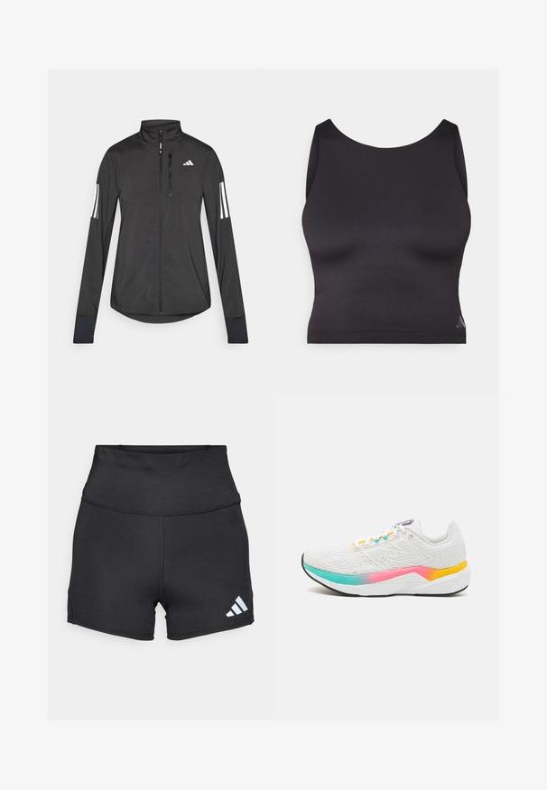 Chaqueta deportiva negra hecha de material ligero. Cuenta con una cremallera frontal, un cuello alto y tres franjas blancas en cada manga.; Top corto atlético negro hecho de una tela suave y elástica con un escote redondo y diseño sin mangas. Cuenta con un sutil detalle del logo.; adidas Performance Leggings - black; Zapatilla deportiva blanca con tejido texturizado, acentos en degradado colorido en rosa, turquesa y amarillo, y un diseño de suela que proporciona soporte.