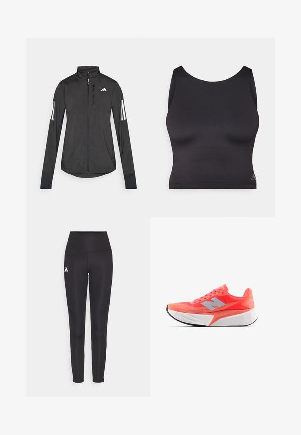 Schwarze Sportjacke aus leichtem Material. Mit einem Frontreißverschluss, hohem Kragen und drei weißen Streifen an jedem Ärmel.; Schwarzes sportliches Crop-Top aus glattem, elastischem Material mit runder Ausschnittform und ärmellosem Design. Mit dezentem Logo-Detail.; Schwarze hochgeschnittene Leggings aus dehnbarem Stoff. Mit einem weißen Logo auf der linken Seite und einem eleganten, nahtlosen Design. Glatte Textur.; Leichte Laufschuhe in leuchtendem Korallenrot mit Obermaterial aus Mesh und silbernem Logo. Auffällige strukturierte weiße Zwischensohle und schwarze Gummisohle.