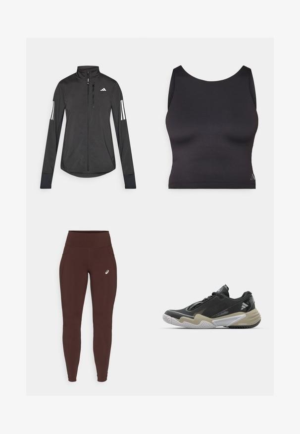 Schwarze Sportjacke aus leichtem Material. Mit einem Frontreißverschluss, hohem Kragen und drei weißen Streifen an jedem Ärmel.; Schwarzes sportliches Crop-Top aus glattem, elastischem Material mit runder Ausschnittform und ärmellosem Design. Mit dezentem Logo-Detail.; Braune Leggings aus dehnbarem Material mit hohem Bund, ausgestattet mit Seitentaschen und einem subtilen Logo am linken Oberschenkel.; Schwarzer und beiger Sportschuh mit strukturiertem Obermaterial, auffälligem Sohlen-Design, reflektierenden Akzenten und Schnürsystem. Leichte Konstruktion.